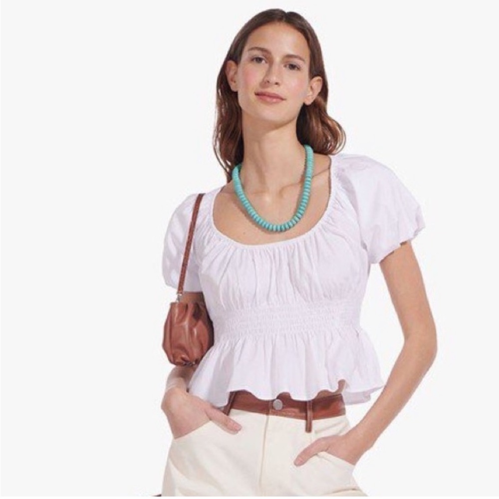 STAUD Lucia Smocked Poplin White Top M Medium